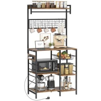 Estantería de Cocina Industrial con Tres Enchufes y Luces LED, Estantes para Microondas, Cesta de Malla Metálica, 10 Ganchos, Barra 80x42x162 cm, Marrón R