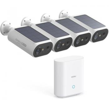 Cámara de Vigilancia WiFi Exterior Solar Aosu 3MP con Batería y Homebase, 4 Cámaras, Sin Cuotas Mensuales, Panel Solar Integrado, Visión Nocturna a Color