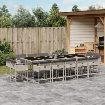 Set de comedor de jardín 15 piezas con cojines de Polyrattan gris claro