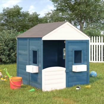Casa de juegos con puerta con cierre y macetas madera abeto color azul, gris, marrón