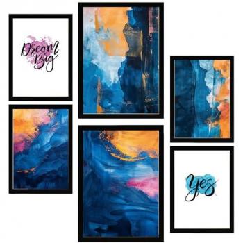 Set de 6 Pósters Abstractos en Colores Azul, Dorado y Turquesa para Decoración de Paredes del Hogar - Tamaños A3 y A4 Sin Marco