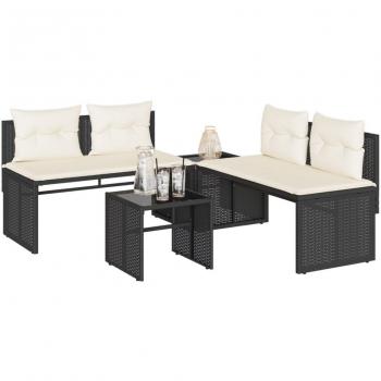 Juego de Sofás de Jardín de 4 Piezas con Almohadas Negras en Polyrattan