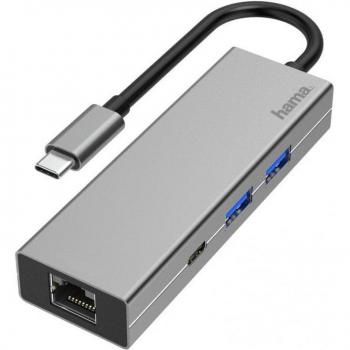 Hama Hub 4 Puertos USB-C a USB-A/USB-C/RJ-45 de Alta Velocidad, Resistente, Color Gris Modelo 00200108