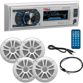 BOSS AUDIO MCK632WB.64 Marine Single Din Media Receiver with Bluetooth and 2 Pair of 6.5 Inch Speakers, Antenna and Aux, White
