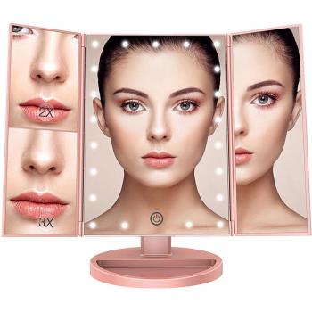 Espejo Maquillaje con Luz,[Regalo de San Valentín] BESTOPE 21 LEDS Espejo Cosmético, Pantalla Táctil Ajusta luz, Tríptica Aumentos 1x, 2x, 3x, Rotación ajustable de 180 °, Fuente de alimentación doble