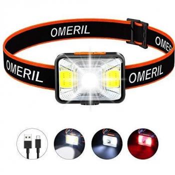 OMERIL Linterna Frontal LED USB Recargable, Linterna Cabeza Super Brillante, 5 Modos de Blanco y Rojo Luz, IPX5 Impermeable Frontal LED para Correr, Acampar, Pescar, Ciclismo, Camping, Niños