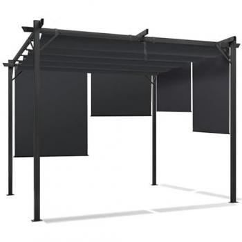 Pérgola especial 3x3 m con techo retráctil y 4 toldos gris antracita
