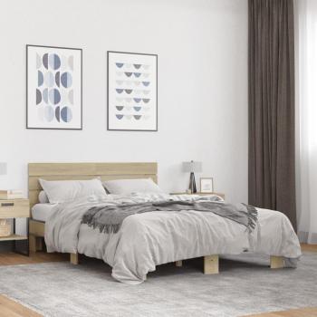 Cama de matrimonio Sonoma 140x200 cm, estructura de madera de ingeniería y metal, color roble marrón