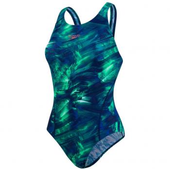 Speedo FluoFlow Allover Recordbreaker Bañador, Mujer, Azul Marino/Verde Falso, 28
