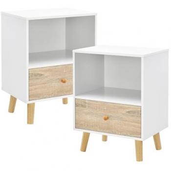 Set de 2 Mesas Auxiliares Sundsvall con Cajón y Compartimento Abierto - Blanco/Efecto Roble