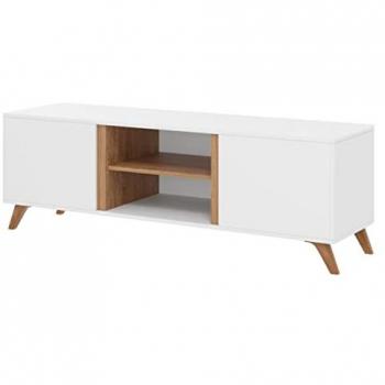 Mesa de TV Bedford D104, Mueble bajo para TV en roble dorado y blanco, 150 x 50 x 45 cm, con 2 puertas