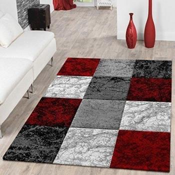 T&T Design Alfombra De Diseño Moderna Valencia Mármol A Cuadros Jaspeada Rojo Gris Blanco, Größe:120x170 cm