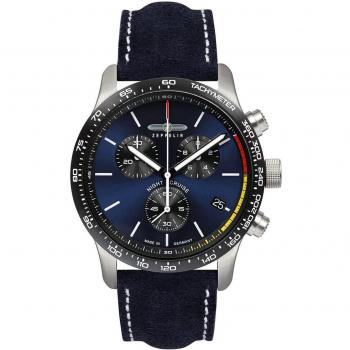 Zeppelin Night Cruise Chronograph Men's Watch 42mm Blue Dial Leather Strap Quartz 100M