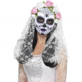 Smiffys Máscara de novia del día de muertos, cara completa, Blanco, con rosas y velo