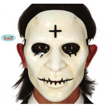 Máscara Blanca con Cruz Guirca - Máscara de látex, color blanco, diseño con cruz negra, ideal para disfraces y fiestas temáticas