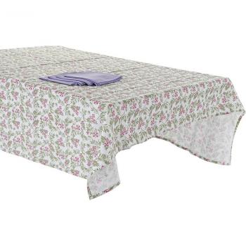 Mantel y servilletas de algodón con estampado de flores en color verde y blanco