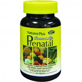 NaturesPlus Source of Life Prenatal Multi - One a Day Whole Food Prenatal Multivitamin and Mineral with Iron, Methyl Folate and Probiotics - Vegetarian, Gluten Free - 90 Vegetarian Tablets