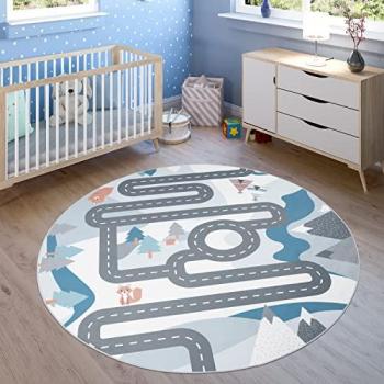 Alfombra Infantil Juego para Dormitorio Niños Motivo Calles y Animales Crema 80x150 cm