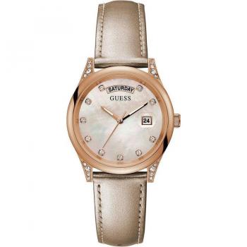 Reloj Guess Aura GW0117L1 Mujer | Multifuncional con Correa de Cuero Rosa y Detalles en Hebilla Plateada