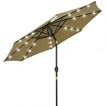 Outsunny Sombrilla Parasol de Jardín Ø268x238 cm con 24 Luces LED Solar, Mecanismo de Inclinación, Manivela y Poste Desmontable de Metal para Terraza, Piscina y Patio