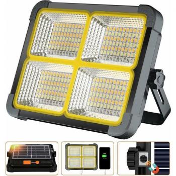 Proyector LED Recargable 100W con Panel Solar, 336 LEDs, 4 Modos de Iluminación, Batería Externa de 12000mAh y Absorción Magnética - Ideal para Camping