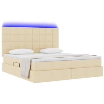 Cama con Tiras LED y Almacenamiento Crema 200 x 200 cm Tela, Muebles Modernos para el Dormitorio