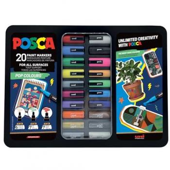 Maletín Metálico de 20 Rotuladores Uni-Posca Pop Colours (PC1M, PC3M, PC5M) con láminas