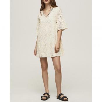 Vestido Padma blanco de algodón con detalles calados y bordado, cuello pico, mujer, marca Pepe Jeans