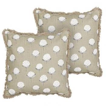 Conjunto de 2 cojines decorativos cuadrados de algodón beige con estampado floral hecho a mano 45 x 45 cm
