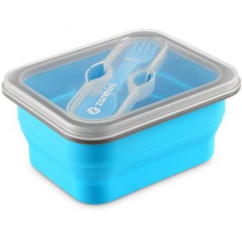 Recipiente de silicona plegable para alimentos, recipiente de silicona plegable con tapa, contenedores de almacenamiento de alimentos con cuchara de horquilla, sin BPA, reutilizable, apilable, azul