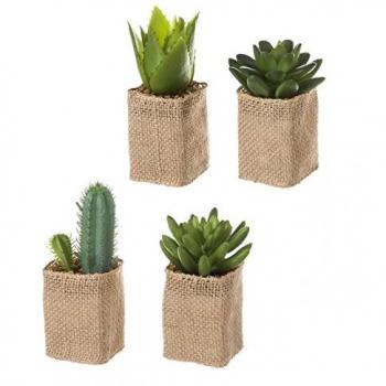 Cactus artificial en maceta en tela de saco - Set de 4 adornos florales