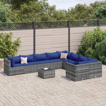 10-Piece Grey Poly Rattan Garden Sofa Set with Cushions