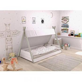 Cama infantil Totem de estilo tipi indio topo y blanco, diseño unisex, dimensiones 140x220x113 cm, incluye somier