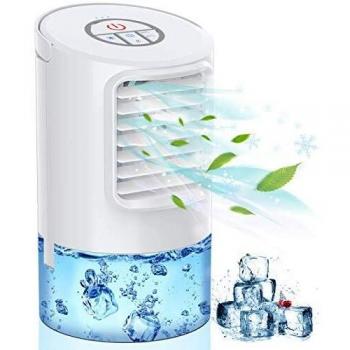 Mini Enfriador de Aire, Mini Acondicionador de Aire Móvil, 4 en 1 Climatizadores Evaporativos con Función de Humidificación, 2 Temporizadores/3 Velocidades/7 Colores Luz, Perfecto Regalo