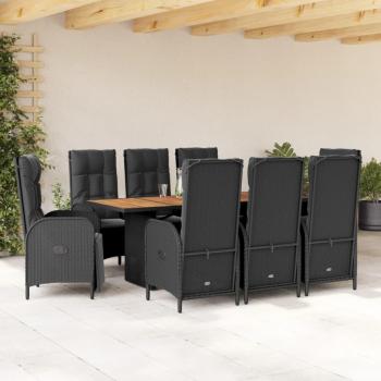 Set de comedor de jardín 9 piezas con cojines negros en Polyrattan