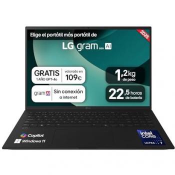 Portátil LG Gram 16 - Intel Core Ultra7, 16GB RAM, 1TB SSD, Pantalla WQXGA IPS Antirreflejo, Batería hasta 22.5h, Windows 11,