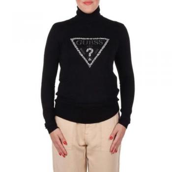 Guess Women's Black Turtleneck Sweater with Rhinestone Triangle Logo, Size XS