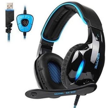 Sades SA902 7.1 Channel Virtual USB Surround Stereo Wired PC Gaming Headset over Ear Headphones with Mic Revolution Volume Control Noise Canceling LED Light