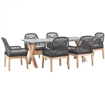 Conjunto de comedor para jardín Beliani Olbia 6 personas en cemento reforzado con fibra gris y sillas de mimbre negro con madera de acacia aspecto rústico