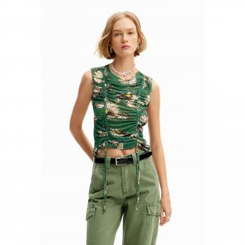 Camiseta Desigual fruncida flores verde