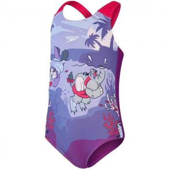 Speedo Traje de baño de niña LTS Printed Racerback con diseño impreso, espalda nadadora, tejido resistente al cloro, ajuste cómodo y soporte para el aprendizaje en el agua