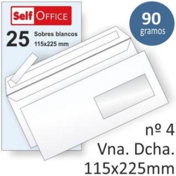Paquete 25 sobres blancos 115x225 mm 90 gr abre fácil ventana derecha