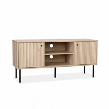 Mueble TV 2 puertas + 2 nichos + 1 estante, decoración de madera acanalada, dimensiones L 120 x An 39 x Al 56,2 cm, color natural