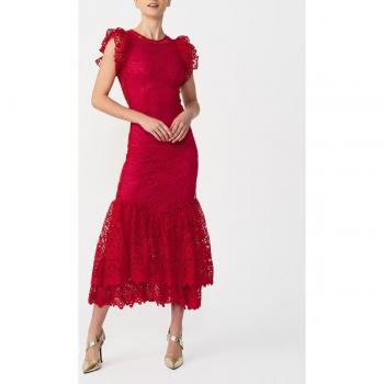 Vestido midi rojo con volantes de guipur y detalles en poliéster