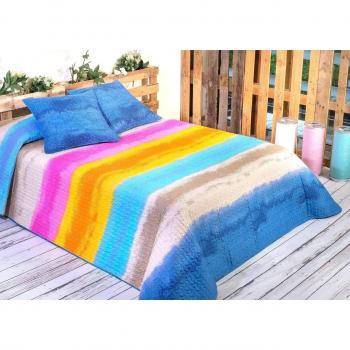 Algodón Blanco Benidorm - Colcha bouti estampada, para cama de 150 cm, 250 x 270 cm, 2 fundas de cojín, 60 x 60 cm, color azul