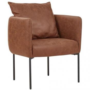 Sillón elegante retro Malmos de piel sintética marrón con cojín y patas de hierro negras
