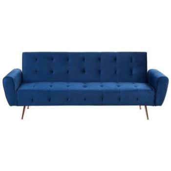 Sofá Cama Moderno 3 Plazas Azul Terciopelo con Patas de Metal y Respaldo Acolchado Selnes