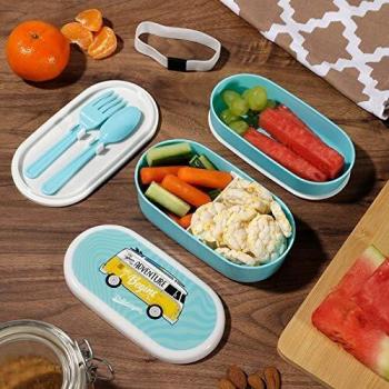 Set Bento Volkswagen T1 Fiambrera Azul con Compartimentos y Cubiertos