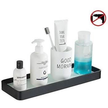 Hoomtaook Estanteria Ducha Bandeja de Baño Rectangular de Vidrio Templado Cesta de Ducha Organizador de Baño, Instalación sin clavos Aluminio aeroespacial Estante para Artículos Negro