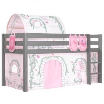Cama altillo 90x200 cm con tienda túnel y 3 bolsillos de pino macizo gris